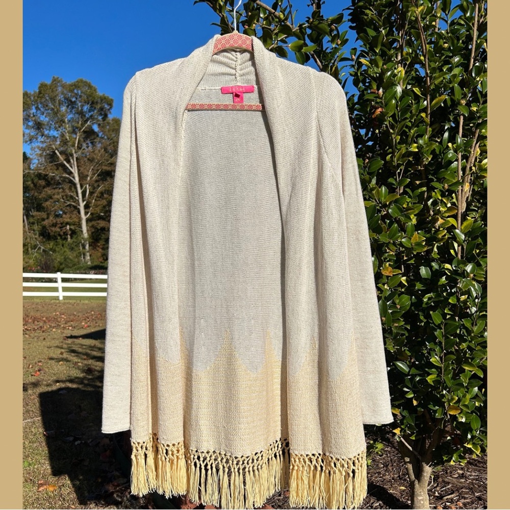 Lilly Pulitzer XL Tatum Long Fringe Hem Cardigan Gold Metallic